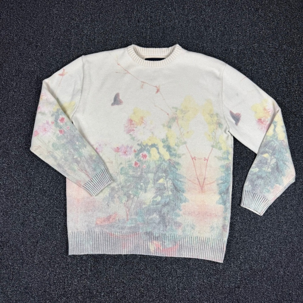 PacSun Floral Watercolor Knit Sweater Womens Large Cream fair has a hole